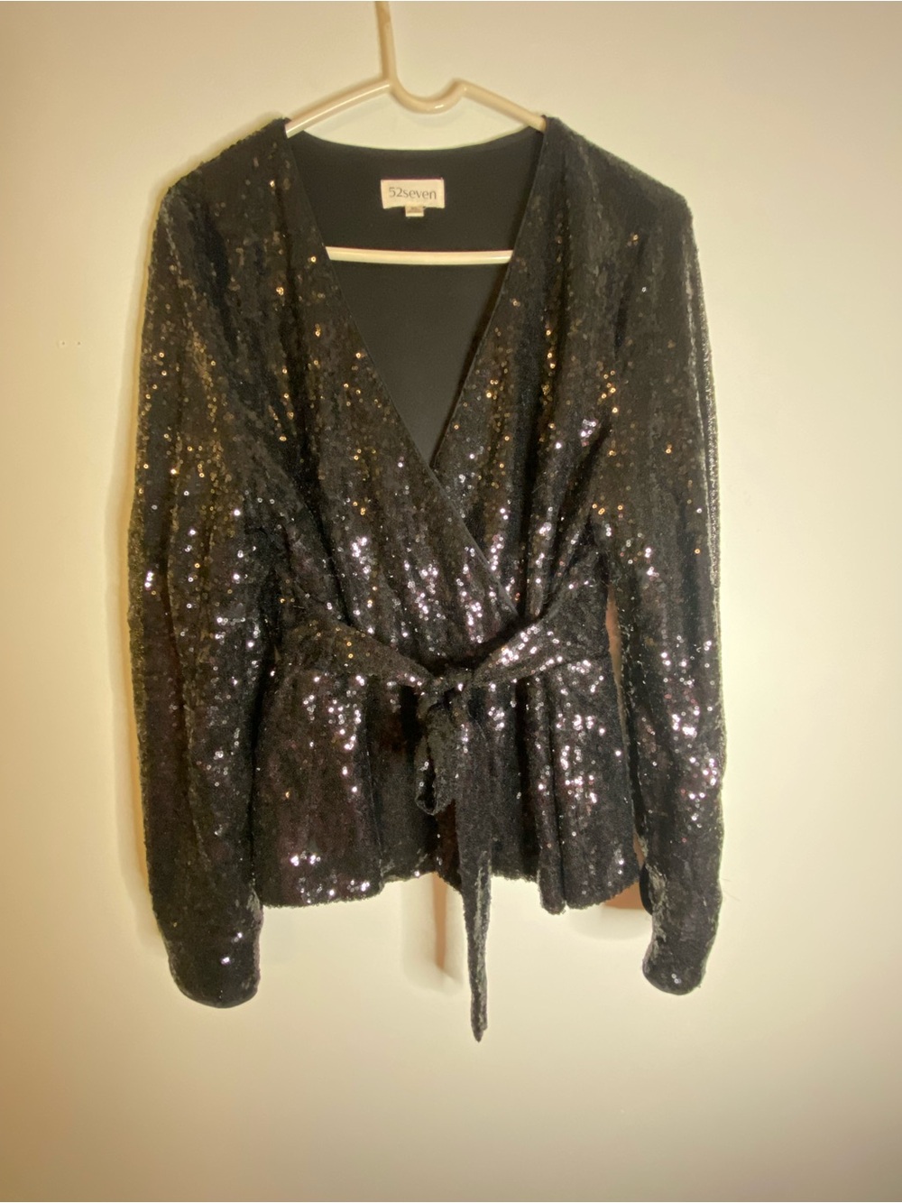 Seven7 Black Sequin Wrap Blouse with Tie Waist